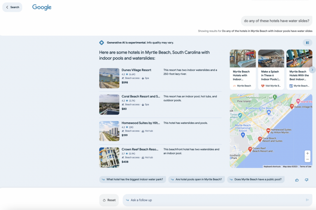 Google SGE prompt and hotel 4-pack.